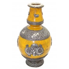 Antique Old Tibetan Silver on Processed Amber Stone Flower Vase Handmade Engrave